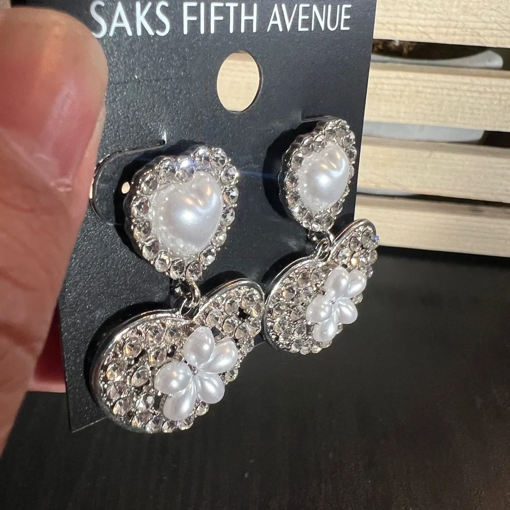 Saks Fifth Avenue Silver and White Heart Drop Earrings